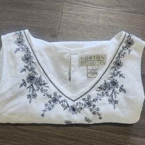 100% Linen Tank Blouse with Black Embroidery